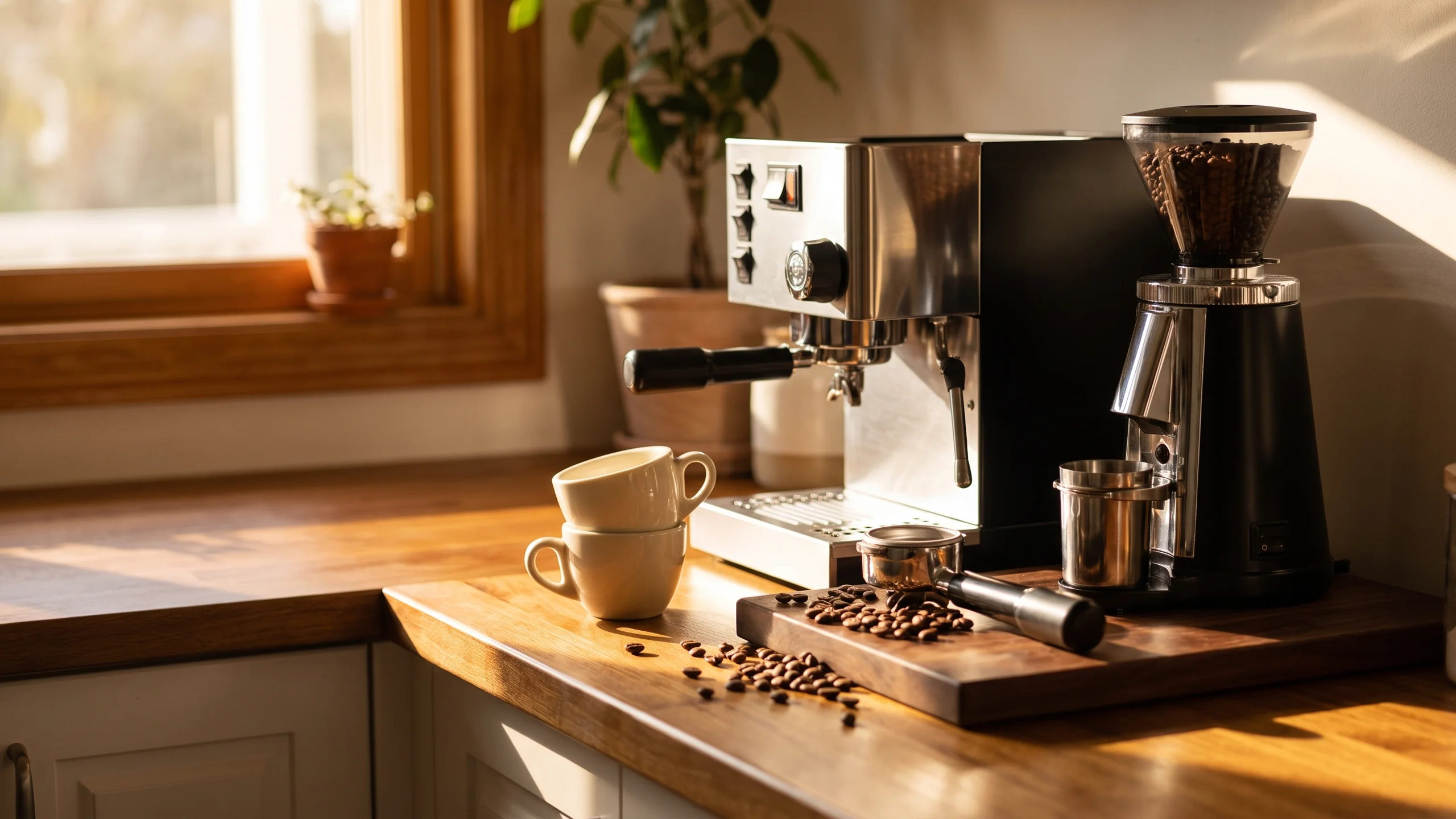 Barista verteilt frisch gemahlenen Kaffee im Siebträger mit einem WDT-Werkzeug