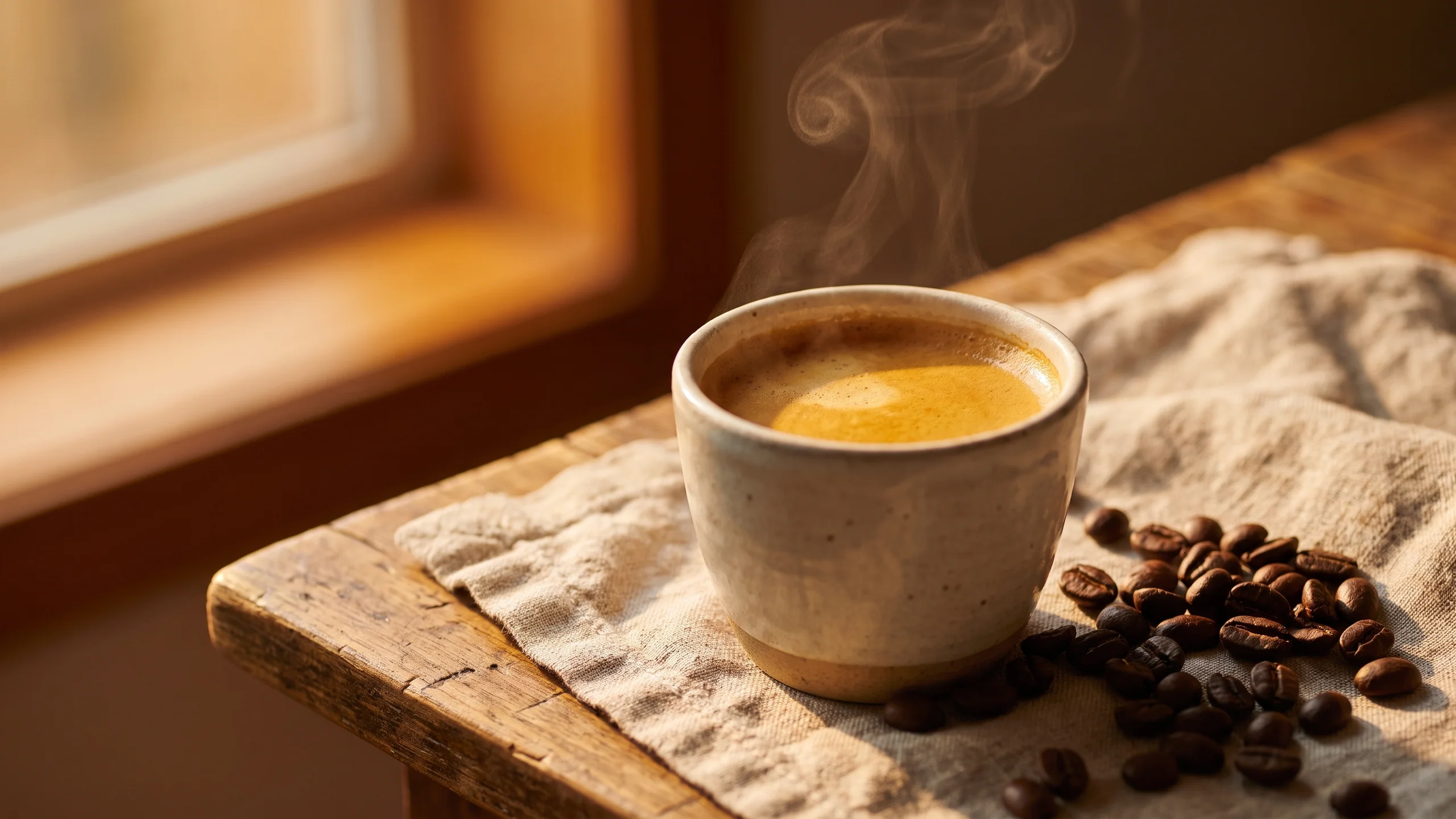 Espressomaschine, Mühle und Tamper ordentlich auf einer Holztheke