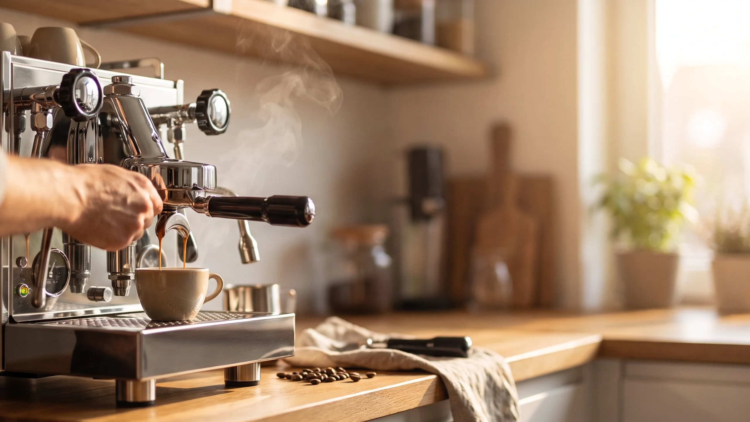 Siebträgermaschine zieht einen Espresso mit dichter Crema in der Morgenküche